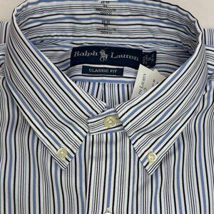 Ralph Lauren Men Classic Fit Blue/Navy Striped Button Down Shirt, Size 16, 32-33